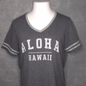 Aloha Hawaii Womens Grey V-Neck Graphic Tee Shirt XL Jerzees Short Sleeve